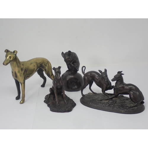 1401 - A hollow cast bronze Sculpture of two Whippets with a tortoise (one tail missing) 6 1/2in W, a bronz... 