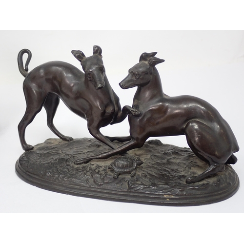 1401 - A hollow cast bronze Sculpture of two Whippets with a tortoise (one tail missing) 6 1/2in W, a bronz... 