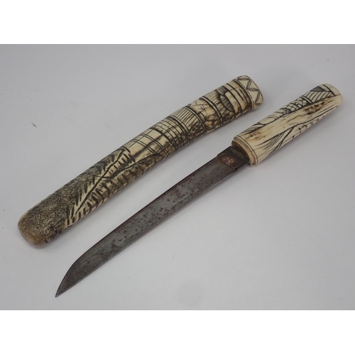 1419 - A Japanese Tanto with carved bone handle and scabbard 10 1/2in L