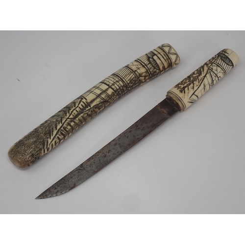 1419 - A Japanese Tanto with carved bone handle and scabbard 10 1/2in L