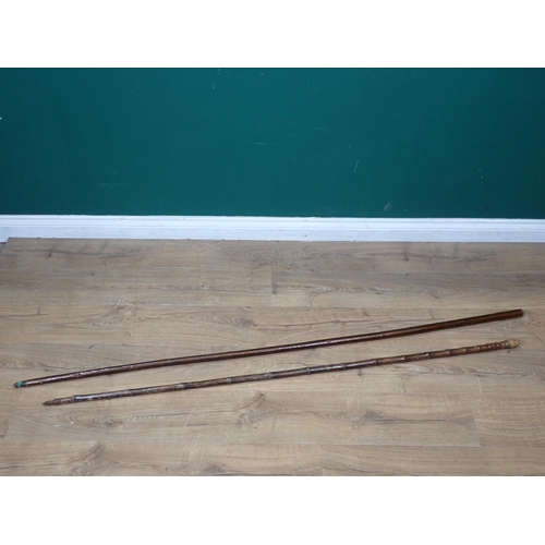 1402 - An antique bamboo Otter Hunting Staff 5ft L and a hazel Otter Hunting Staff 5ft 7in L, both with not... 