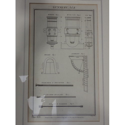 1468 - Five framed Pictures relating to cannon manufacture, gunnery practice, accessories, etc.