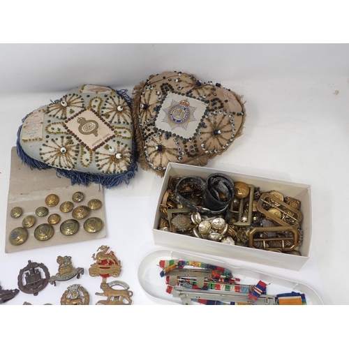 1478 - A selection of Military Badges, Medal Ribbons, Buttons, etc. and two embroidered Sweethearts, one to... 