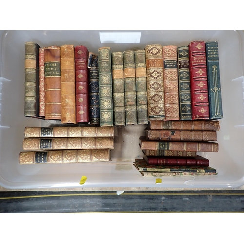 1019 - Box of leather bound volumes including poetical works, etc; (box)