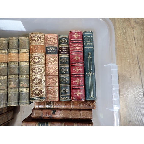 1019 - Box of leather bound volumes including poetical works, etc; (box)