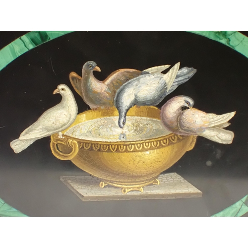 128 - A 19th Century Micro Mosaic Plaque depicting doves on an urn within frame of malachite on black marb... 