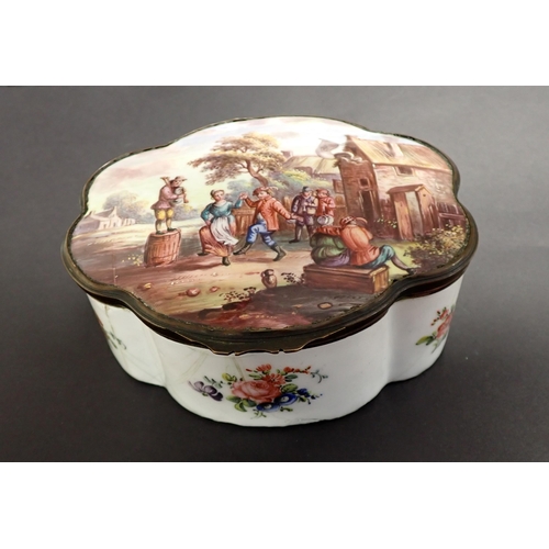 130 - A large Bilston enamel Box of lobed form, hinged lid depicting dancing figures in a landscape, bouqu... 