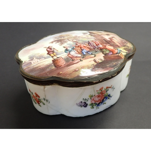 130 - A large Bilston enamel Box of lobed form, hinged lid depicting dancing figures in a landscape, bouqu... 