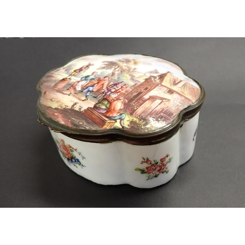 130 - A large Bilston enamel Box of lobed form, hinged lid depicting dancing figures in a landscape, bouqu... 