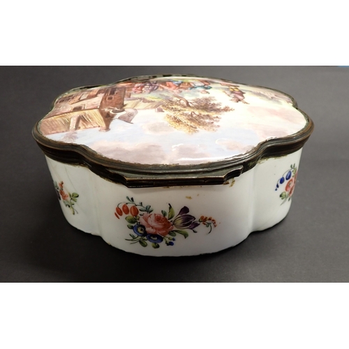 130 - A large Bilston enamel Box of lobed form, hinged lid depicting dancing figures in a landscape, bouqu... 