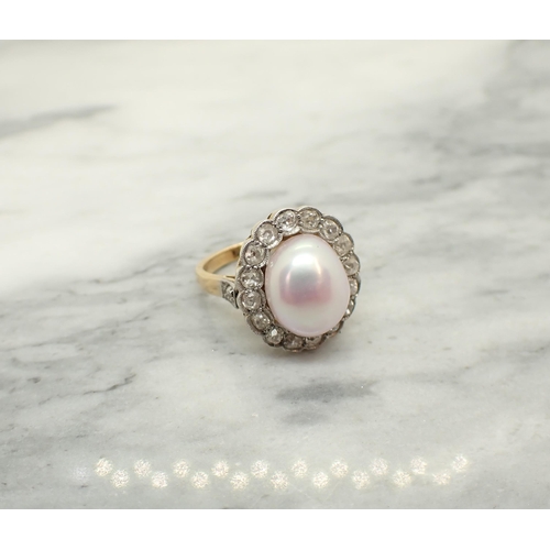 151 - A Cultured Pearl and Diamond Cluster Ring the pale rosé pearl within a frame of millegrain-set old-c... 