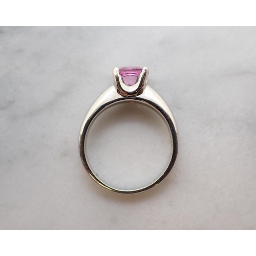 159 - A Pink Sapphire Ring claw-set cushion-cut stone, 1.33cts, in 18ct white gold, ring size K 1/2