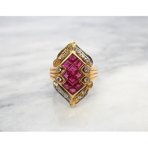 160 - A Ruby and Diamond Cocktail Ring invisibly-set ten calibré-cut rubies within brilliant-cut diamonds ... 