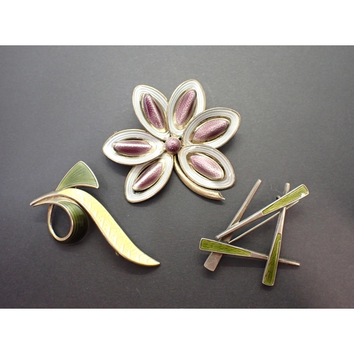 215 - Three mid 20th Century AKSEL HOLMSEN Norwegian sterling silver and enamel Brooches including; flower... 