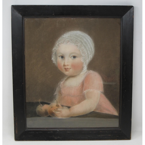 254 - JAMES PHELPS (active 1807-1832). Portrait of a young girl wearing a pink dress and white bonnet, sig... 