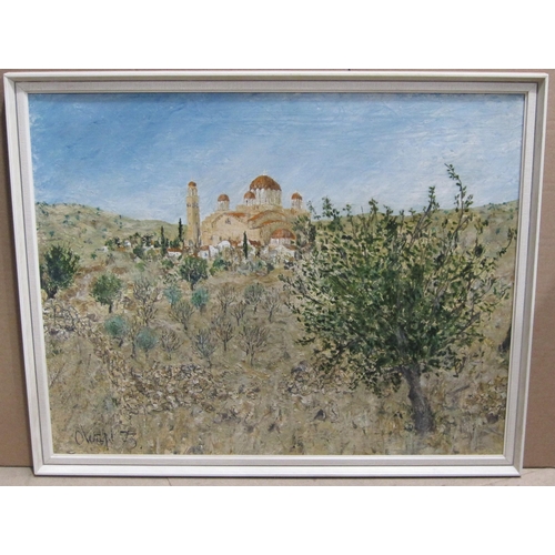 267 - MICHAEL OWEN (b.1938). A Landscape with Church, Cyprus, signed and dated 1973, and inscribed on the ... 