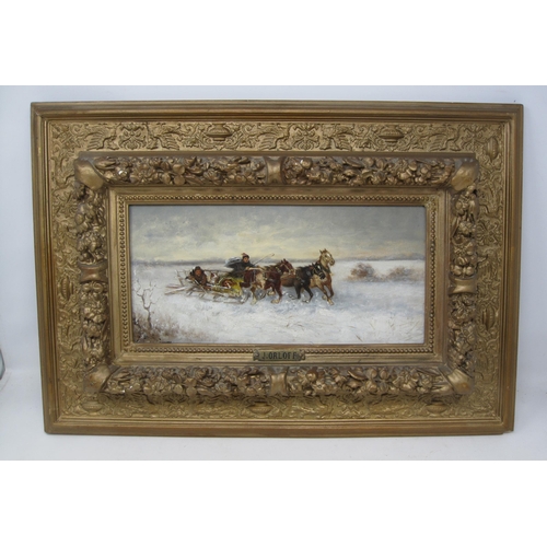 268 - J. ORLOFF. Russian,( fl.19th Century) A Sledge and Horses in the Snow, signed, oil on panel, 6½ x 13... 