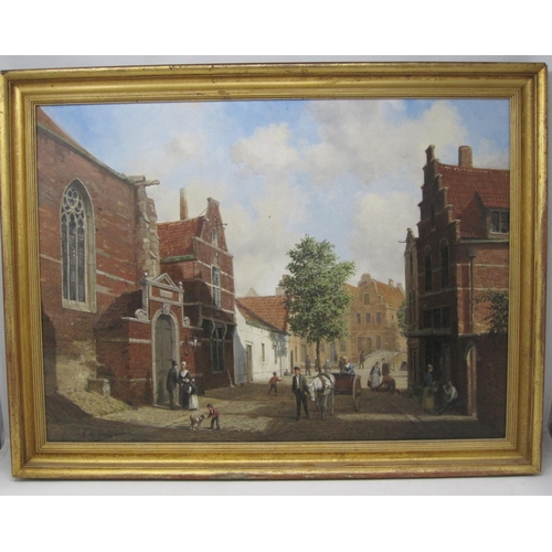 273 - A DE GROOTE (1928-2016) A Dutch Street Scene with figures, signed, oil on panel, 17¼ x 22½in