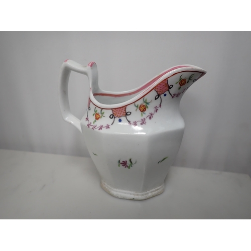 281 - A Newhall helmet shape Milk Jug, floral painted in famille rose enamels, No 303, and a collection of... 