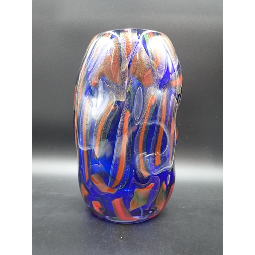 284 - A Eugenio Ferro large Murano Art Glass blue Vase with orange and gilt decoration, 12½in, etched unde... 