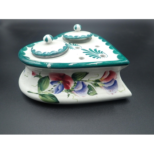 285 - A Wemyss pottery heart-shaped Inkstand with two lidded ink pots, floral painted, 6in, impressed mark... 