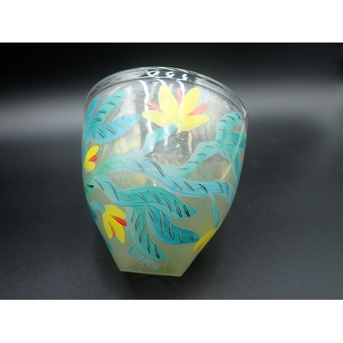 286 - A Kosta Boda glass Bowl, painted yellow flowers, signed THV/E.H., etched underneath, 4 1/2in diam.