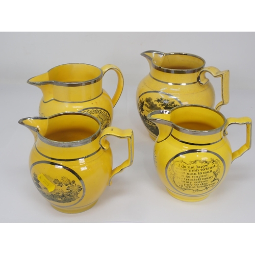 309 - Four 19th Century canary yellow English and lustre Jugs, two with scenes of pastoral scenes with cou... 