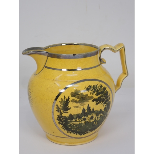 309 - Four 19th Century canary yellow English and lustre Jugs, two with scenes of pastoral scenes with cou... 