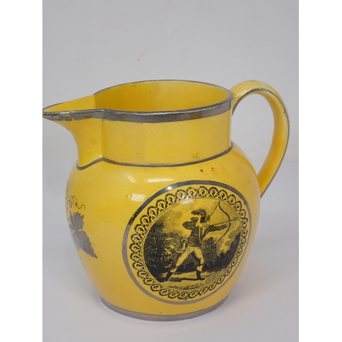 309 - Four 19th Century canary yellow English and lustre Jugs, two with scenes of pastoral scenes with cou... 