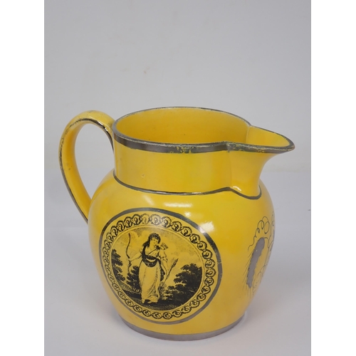 309 - Four 19th Century canary yellow English and lustre Jugs, two with scenes of pastoral scenes with cou... 