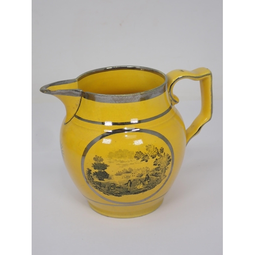 309 - Four 19th Century canary yellow English and lustre Jugs, two with scenes of pastoral scenes with cou... 