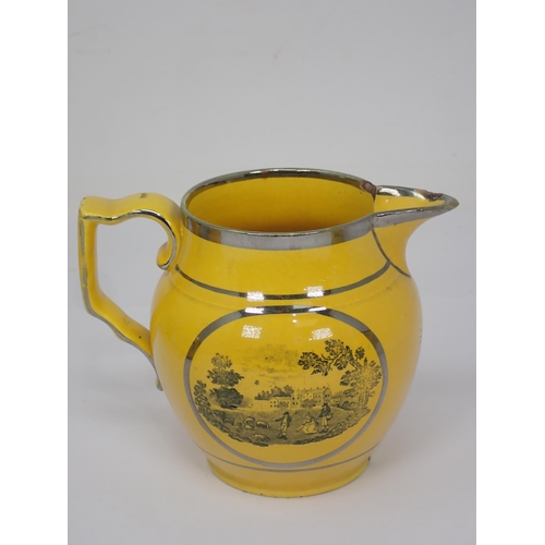 309 - Four 19th Century canary yellow English and lustre Jugs, two with scenes of pastoral scenes with cou... 