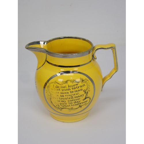 309 - Four 19th Century canary yellow English and lustre Jugs, two with scenes of pastoral scenes with cou... 