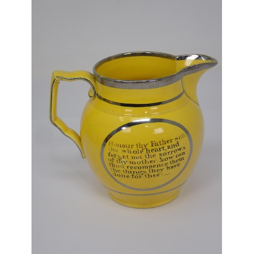 309 - Four 19th Century canary yellow English and lustre Jugs, two with scenes of pastoral scenes with cou... 