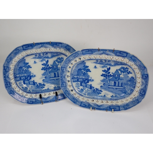 314 - A pair of 19th Century Davenport pearlware oblong Dishes with pierced frieze decorated with fence pa... 