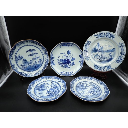 321 - An 18th Century Chinese octagonal blue and white shallow Bowl painted flowering shrubs, 10in diam. a... 