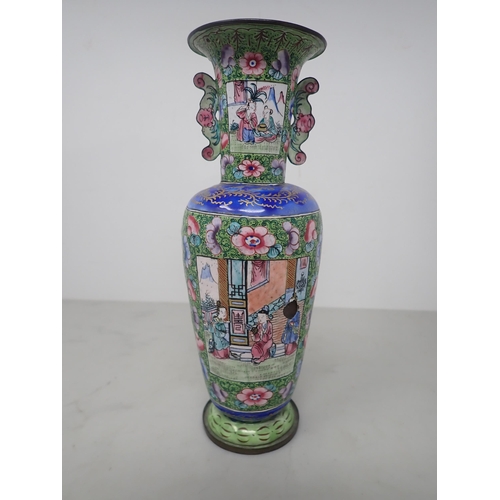 327 - A Chinese crackleware baluster Jar, painted blue horses, moulded leafage handles, 12in, A/F, impress... 