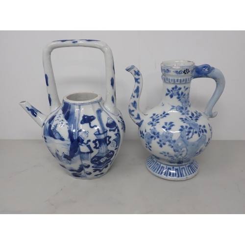 328 - An Oriental blue and white Ewer, floral painted, 6in, and a blue and white Teapot painted figures an... 