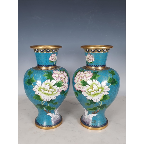 353 - A pair of Cloisonne Vases of baluster form, decorated birds and flowers, 12in H