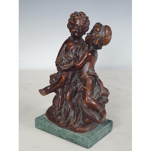 354 - A bronze Figure Group of two cherubs holding flowers on rectangular marble base, 8in H, bears signat... 