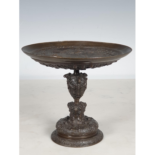 356 - A 19th Century Bronze Tazza, the dished top depicting numerous figures in a classical setting, the u... 