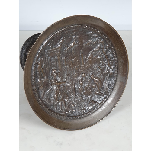 356 - A 19th Century Bronze Tazza, the dished top depicting numerous figures in a classical setting, the u... 