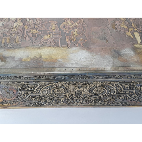 357 - A silver plated Sewing or Jewellery Box with engraved Parisian Scene to lid titled 'Le Tour est Joue... 