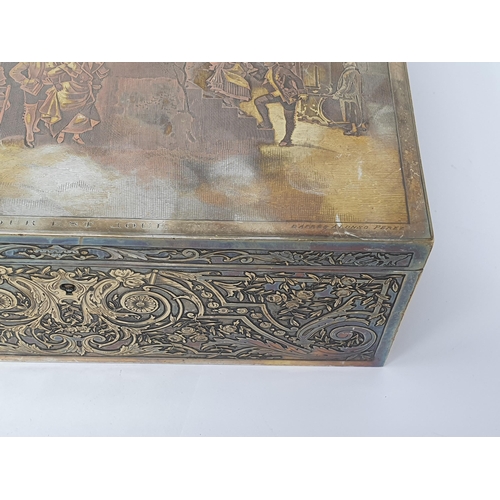 357 - A silver plated Sewing or Jewellery Box with engraved Parisian Scene to lid titled 'Le Tour est Joue... 