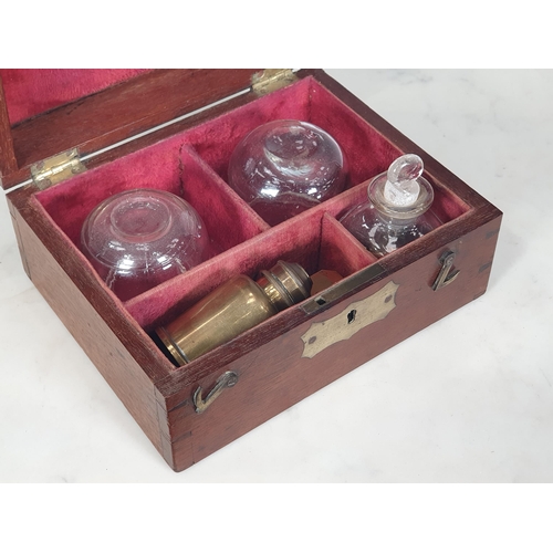 420 - A Cupping Set in mahogany, Box containing two cups, a Down Bros Burner, and a Scarifier, 7¼in W