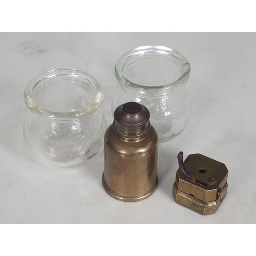 420 - A Cupping Set in mahogany, Box containing two cups, a Down Bros Burner, and a Scarifier, 7¼in W