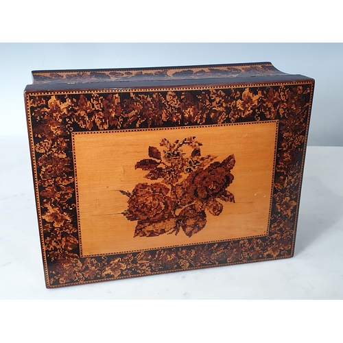 421 - A 19th Century Tunbridge Ware Jewellery Box, the hinged cover with rose design enclosing a tray and ... 