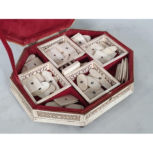 422 - A 19th Century Russian Bone Games Box with hinged octagonal cover, said to be made in Arkangel, cont... 