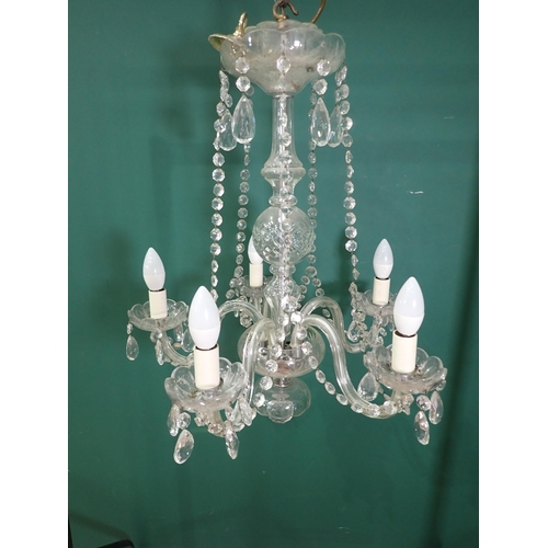 431 - A five branch glass Chandelier with baguette drops and swags and bulbous central column, 20 x 23in H