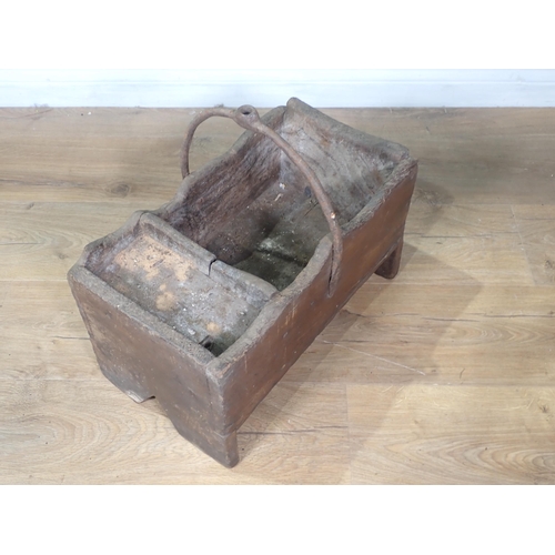 434 - An antique primitive elm Farrier's Box of boarded construction with iron handle on v-cut end support... 